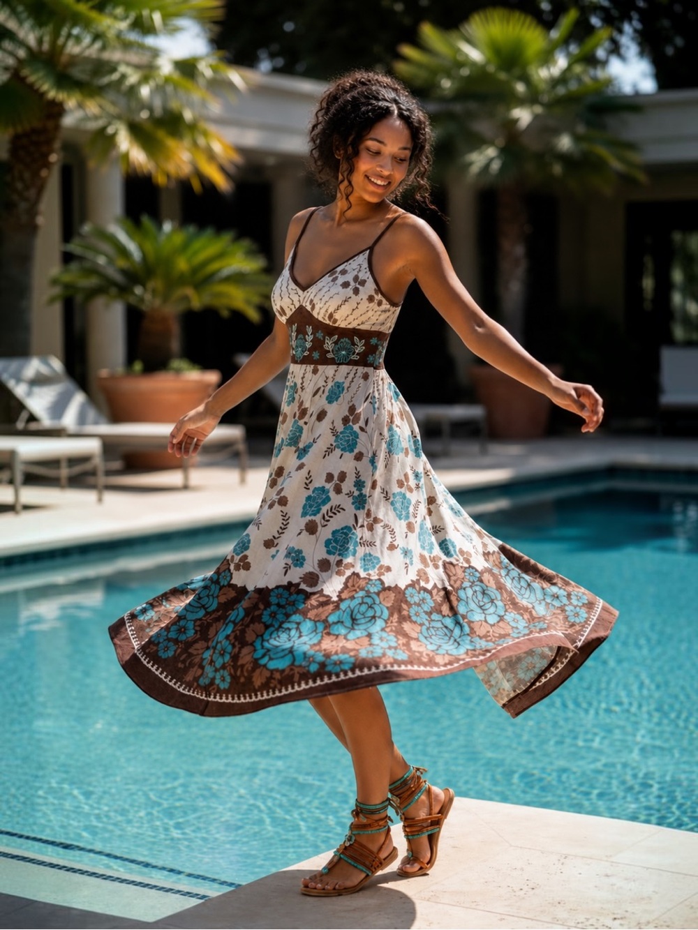 Boho, Floral Lightweight Cotton Midi Dress Teal Cream Brown Whimsical Dress